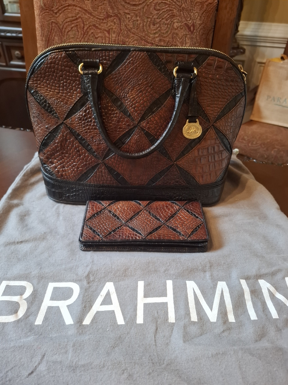 Rare Brahmin Brown & Black Croc-Embossed Satchel with Matching Wallet